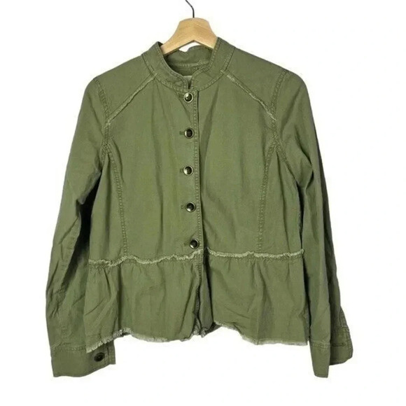 Caslon Green Twill Fringe Trim Button Down Military Jacket XS - Picture 2 of 5